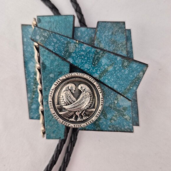 Handmade Geometric Shape Bolo Tie with Double Dove Bird Medallion - Picture 2 of 16